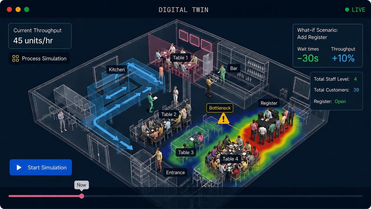 Digital twin simulation of a venue showing throughput, heatmap bottleneck, and what-if scenario panel